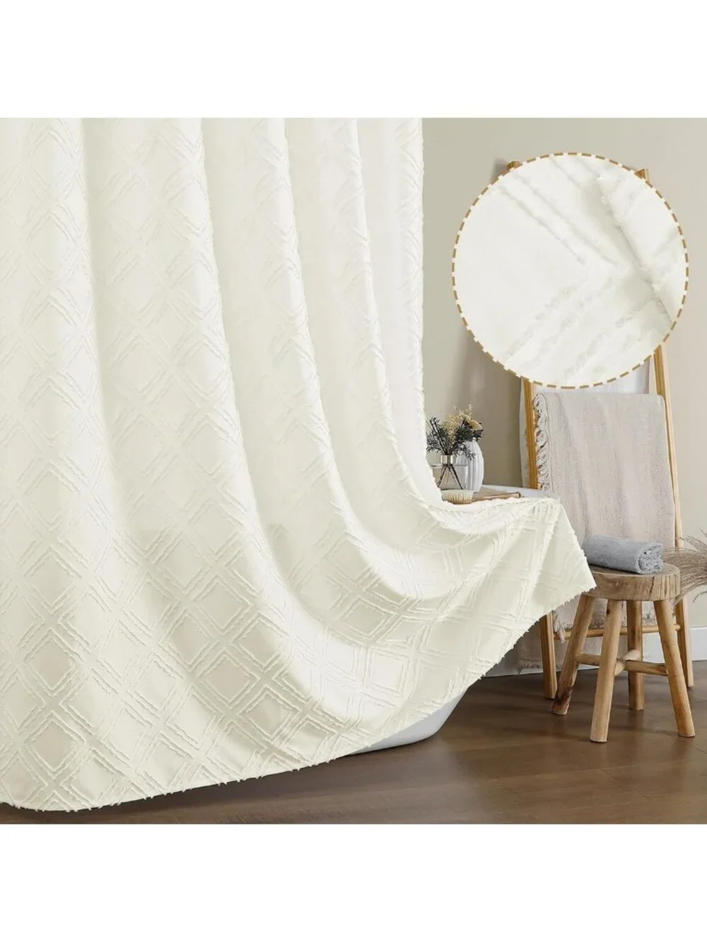 Boho Cream Shower Curtain Set, Jacquard Geometric Fabric, 72x72, Machine
